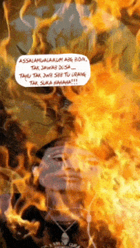 a cartoon of a man covered in flames with a speech bubble that says assalamualaikum