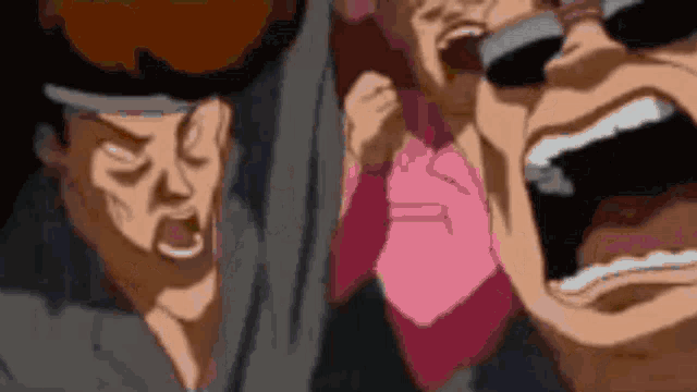 a group of cartoon characters are screaming with their mouths open .