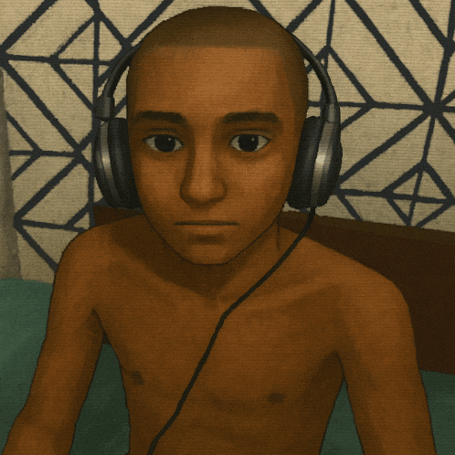 a man without a shirt is wearing headphones in front of a patterned wall