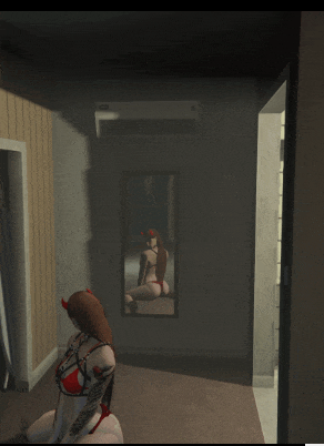 a woman in a devil costume is looking at herself in a mirror
