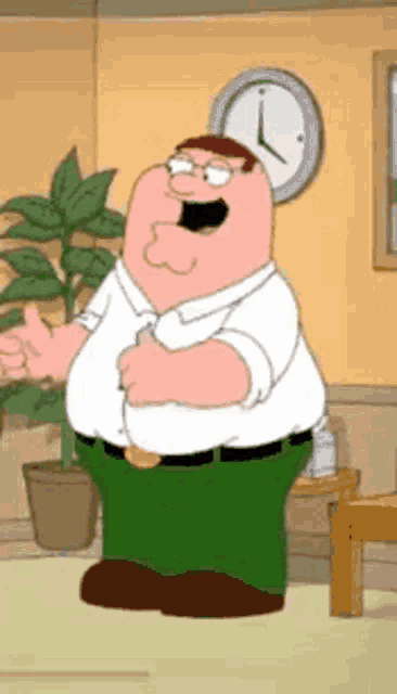 peter griffin from family guy is standing in front of a plant and a clock