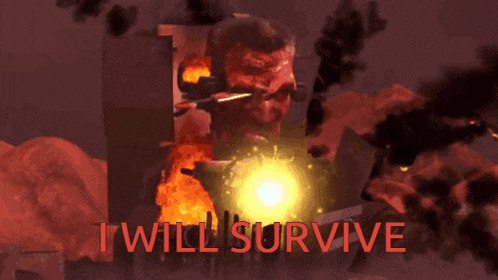 a cartoon of a man with a gun and the words " i will survive " on the bottom