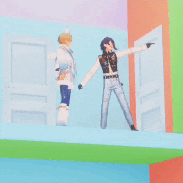 a couple of anime characters standing next to each other on a shelf