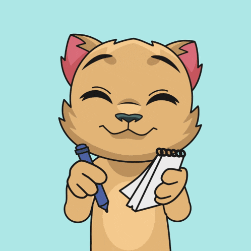 a cartoon cat holding a pen and a notepad