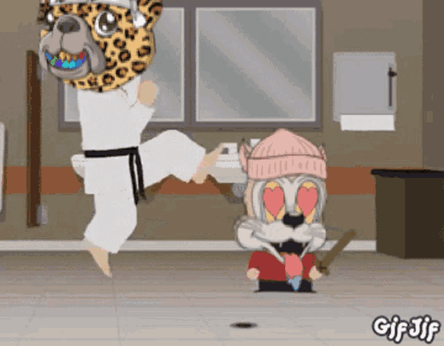 a cartoon character with a leopard mask on his head
