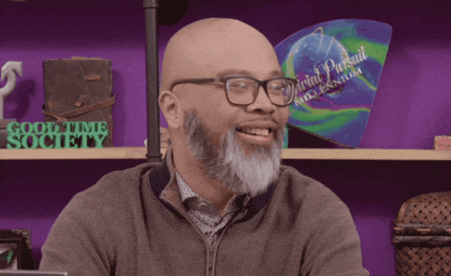 a bald man with glasses and a beard says " oh that 's right "