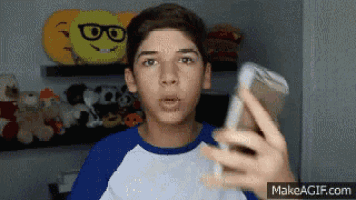 a boy is taking a selfie with his phone in front of a shelf with stuffed animals