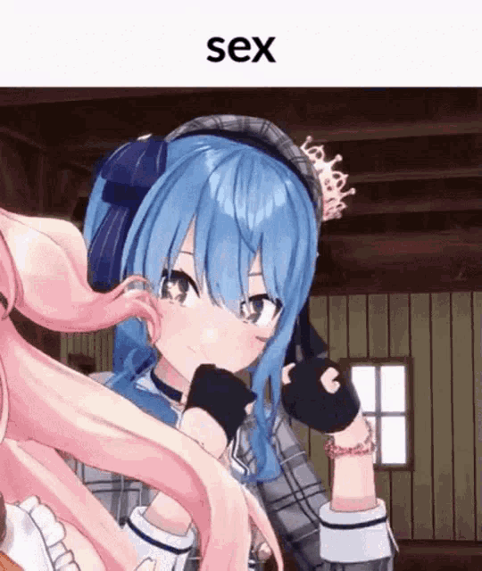 a blue haired anime girl with a crown on her head is standing next to a pink haired girl .