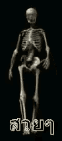 a skeleton is walking on a black background with a foreign language .