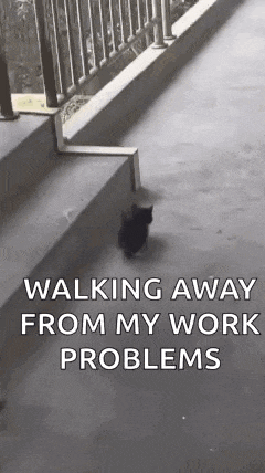 a black cat is walking down a set of stairs with the caption `` walking away from my work problems '' .