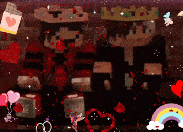 a couple of minecraft characters are surrounded by red hearts