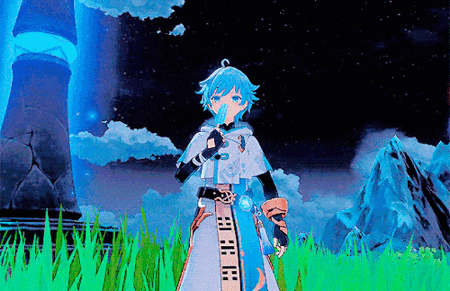 a cartoon character with blue hair is standing in a field