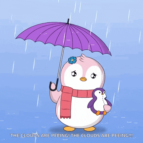 a cartoon of a penguin holding an umbrella in the rain with the caption the clouds are peeing