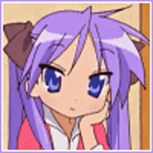 a cartoon girl with purple hair and blue eyes is sitting down with her hand on her chin .