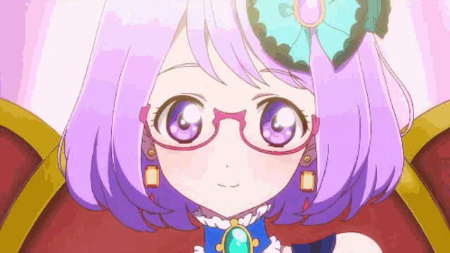 a girl with purple hair wearing glasses and a bow on her head