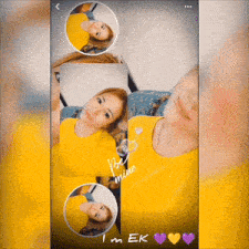 a woman wearing a yellow shirt that says " love me "