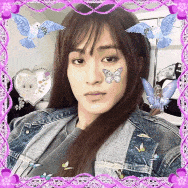 a girl with a butterfly on her face is in a pink frame