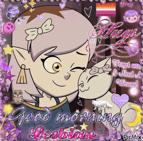 a cartoon of a girl hugging a cat with the words good morning lesbian on the bottom