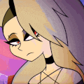a close up of a cartoon character with long hair and a choker .