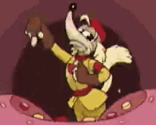 a cartoon character in a yellow and red outfit is standing in a pink circle .