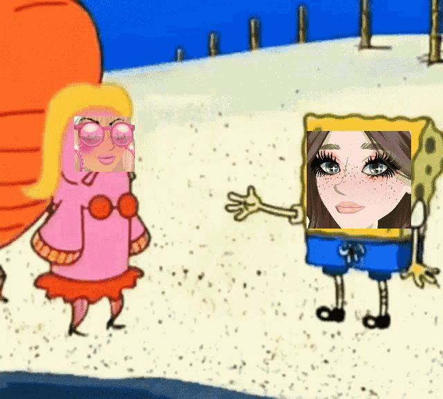 a cartoon of spongebob holding a picture of a girl with freckles