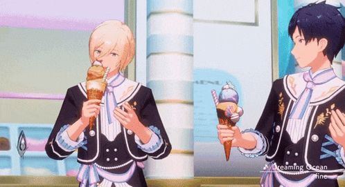 two anime characters are eating ice cream cones with the words dreaming ocean fine written on the bottom