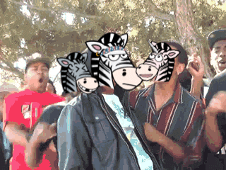 a group of people wearing zebra masks are standing in a crowd
