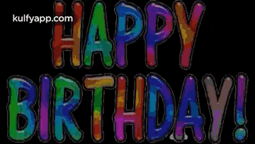 a happy birthday greeting card with colorful letters on a black background