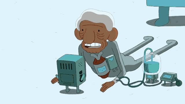 a cartoon drawing of an elderly man with a bmo device attached to his chest