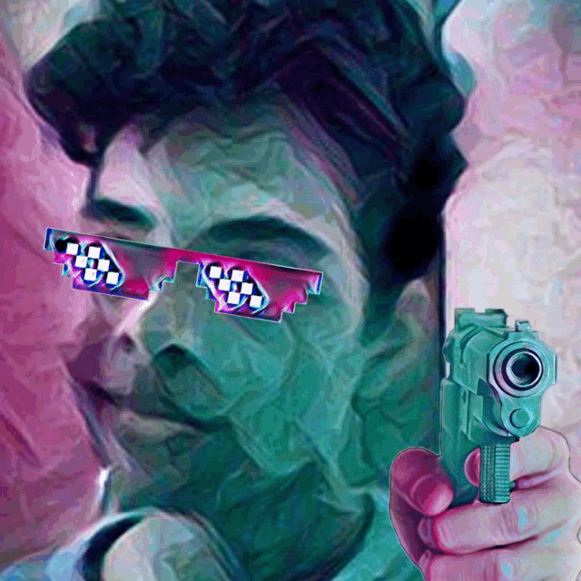a man wearing sunglasses and holding a gun