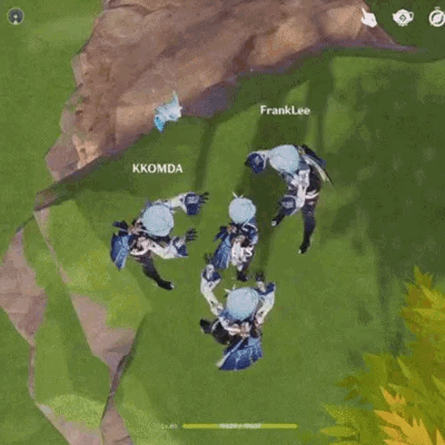 a group of people are standing in a field in a video game and giving each other high fives .