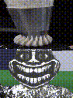 a black and white drawing of a smiley face with a blender in the background
