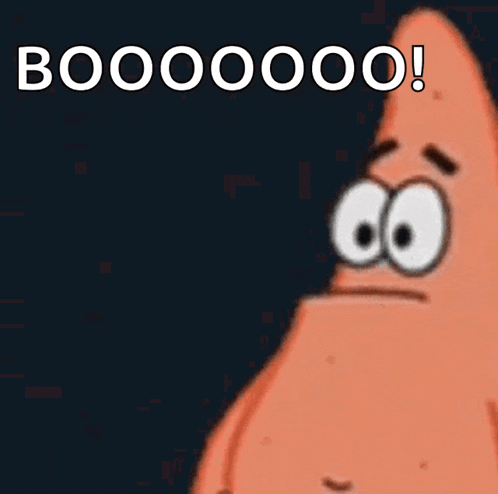 a cartoon character with a long nose is pointing at something with the words boooooo written above him