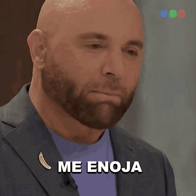 a bald man with a beard has the word me enoja above his head