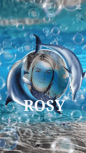 a picture of a woman and two dolphins with the name rosy on the bottom