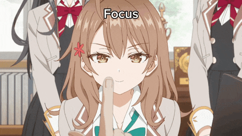 a girl with a red flower in her hair is giving the middle finger and the word focus is above her