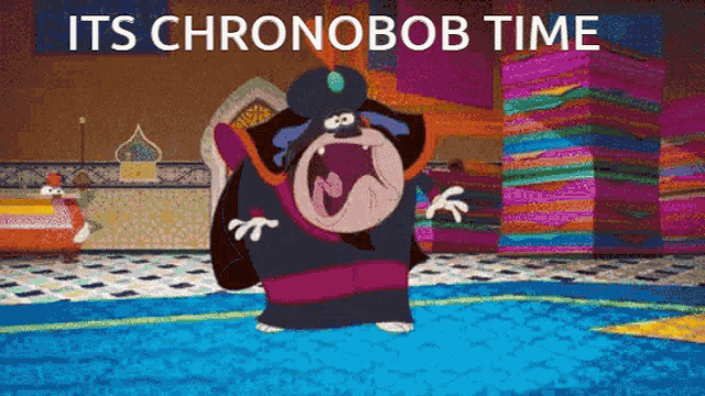a cartoon character with the words " its chronobob time " on the bottom