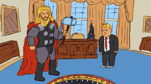 a cartoon of thor holding a hammer next to a man in a suit