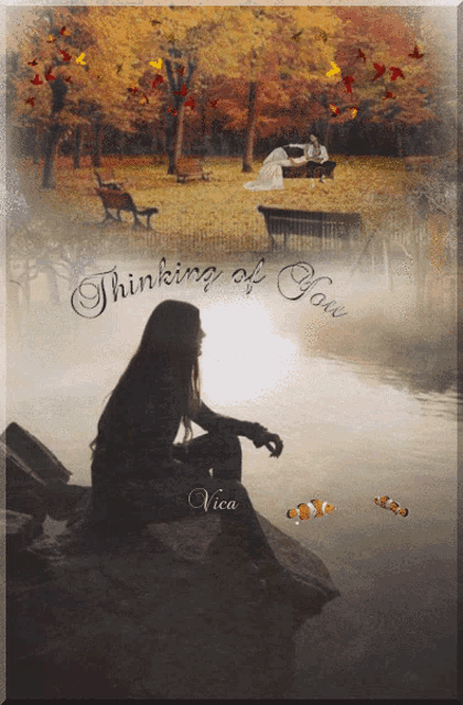 a picture of a woman sitting on a rock with the words " thinking of you " on the bottom