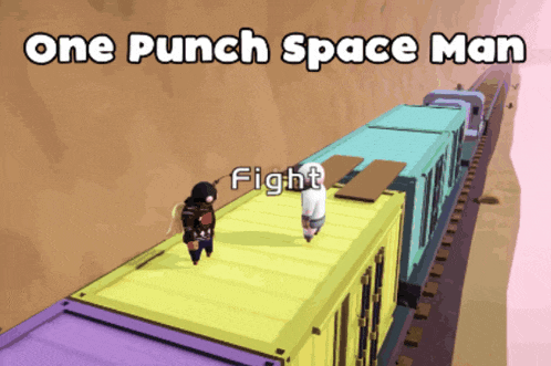 a video game called one punch space man is being played on a train