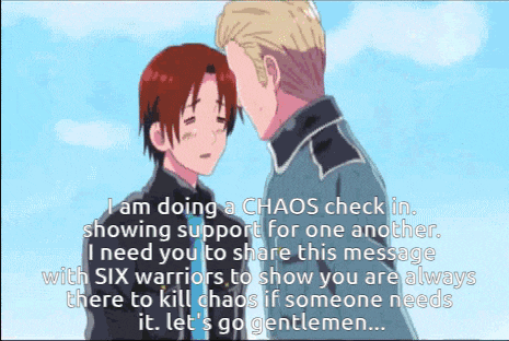 two men are standing next to each other and one of them says i am doing a chaos check in