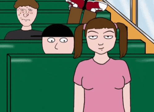 a cartoon of a girl with pigtails and a man with a hat