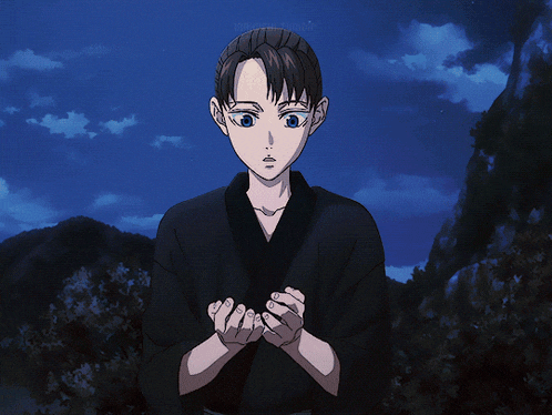 a girl in a black kimono holds her hands together in front of a blue sky