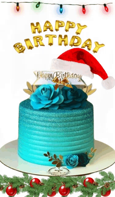 a blue birthday cake with flowers and a santa hat