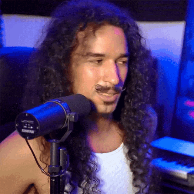a man with long curly hair and a mustache is sitting in front of a shure microphone