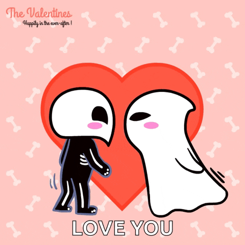 a cartoon of a skeleton kissing a ghost with the words love you below them