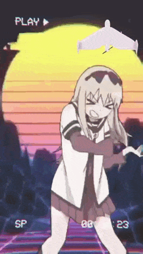 a girl in a school uniform is dancing in front of a plane flying overhead .