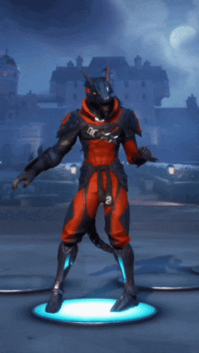 a video game character in a red and black outfit with the letter o on his chest