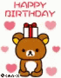 a happy birthday card with a brown teddy bear holding a gift box on its head .