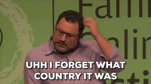 a man scratching his head with the words uhh i forget what country it was below him